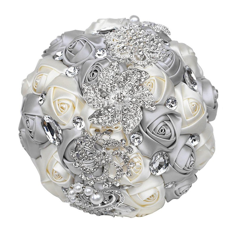 Flonding Wedding Bouquets Crystal Satin Rose Bride Bridal Bouquet Romantic Bridesmaid Holding Flower for Valentine's Day Confession Party Church Decor (Silver Creamy) - Image 1